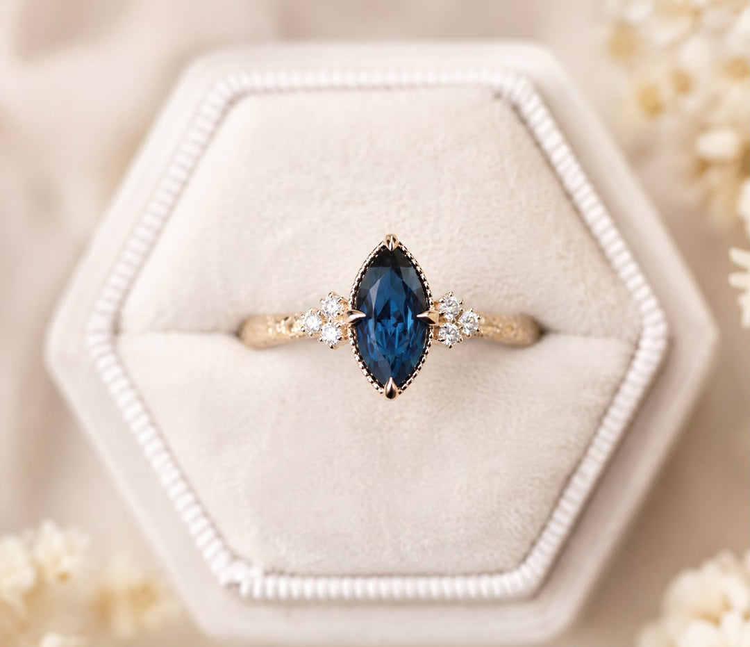 Floral Marquise Teal Sapphire Engagement Ring in 14K Gold  Nature Inspired Sapphire and Diamond Ring