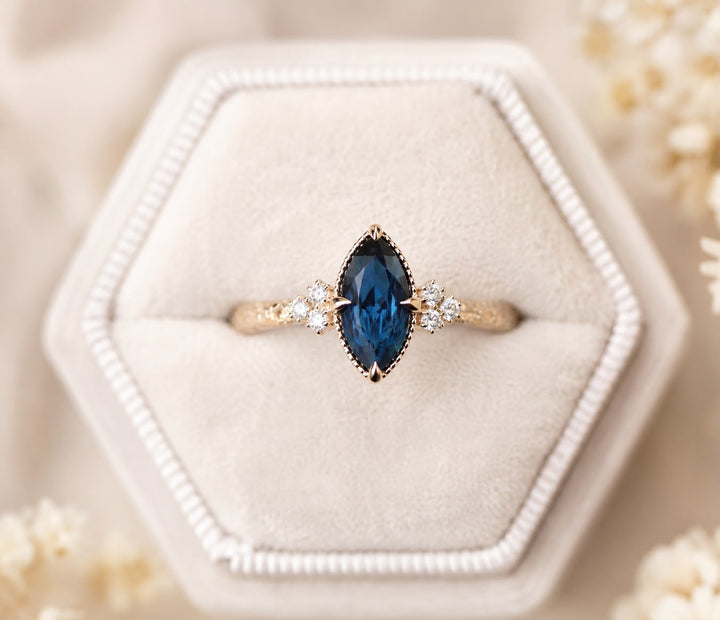Floral Marquise Teal Sapphire Engagement Ring in 14K Gold  Nature Inspired Sapphire and Diamond Ring