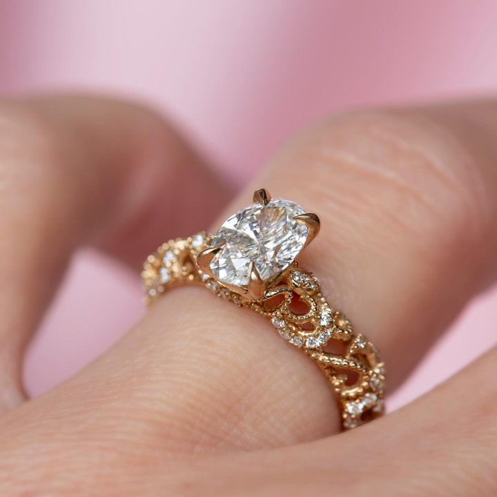 Vintage Inspired Filigree Lab Grown Diamond  Oval Cut Engagement Ring 14K Gold