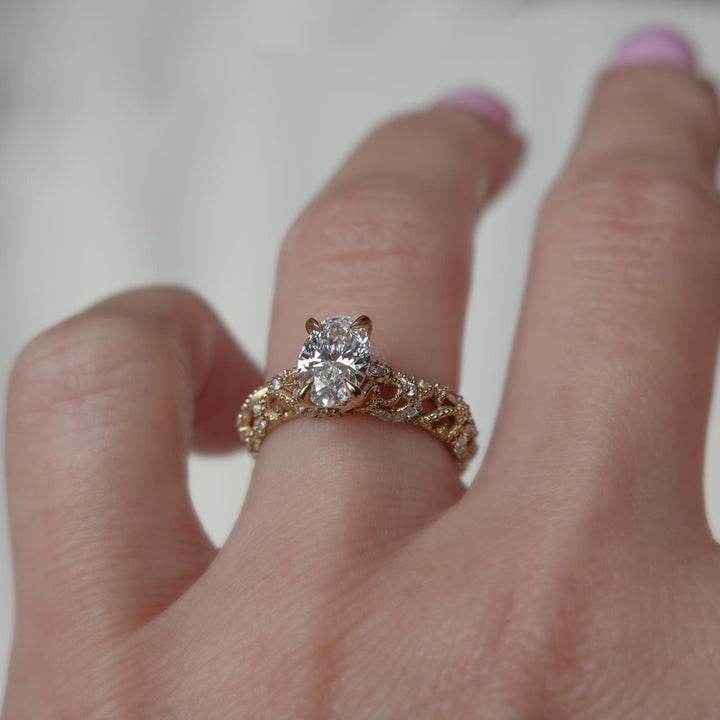 Vintage Inspired Filigree Lab Grown Diamond  Oval Cut Engagement Ring 14K Gold