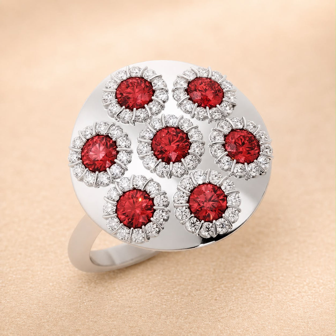 Red Spinel and Diamond Floral Daisy Statement Ring in 14K Gold