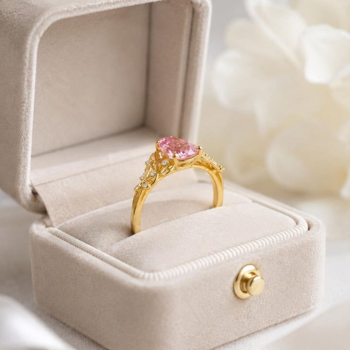 Nature Inspired Leaf Ring with Pear Cut Pink Sapphire and Diamonds in 14K Gold  Floral Sapphire Engagement Ring