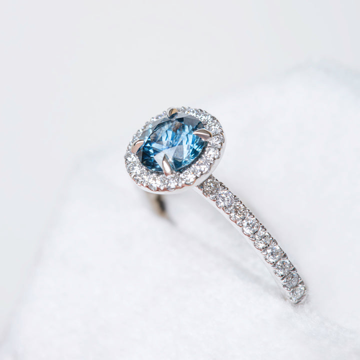 Montana Sapphire Ring With Diamonds, Montana Sapphire Engagement Ring, Montana Sapphire and Diamond Halo Engagement Ring