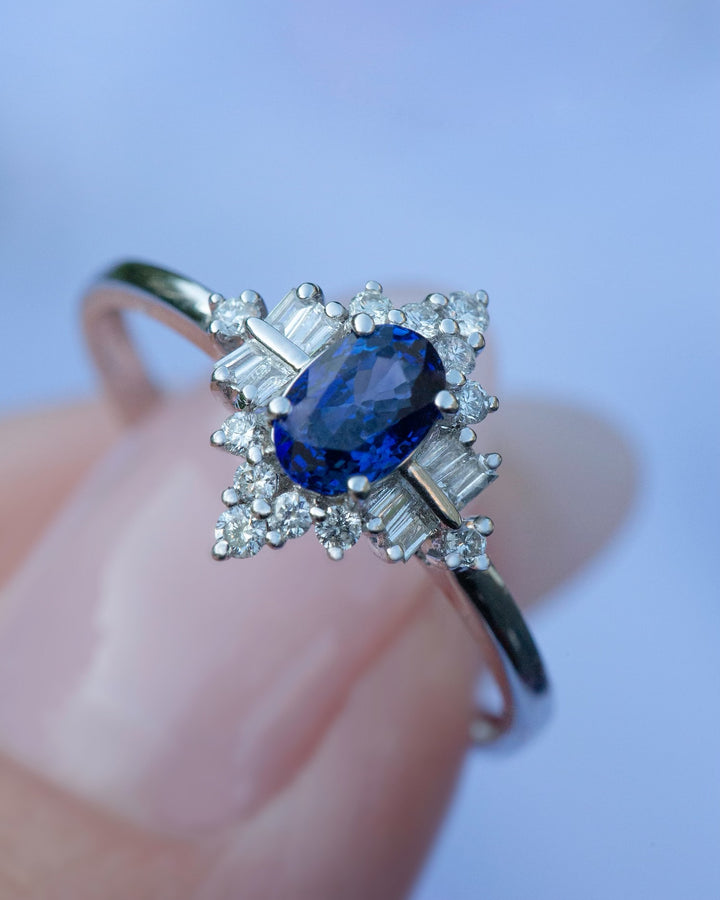 Blue Sapphire Engagement Ring with Diamonds 18K White Gold, Art Deco Style Ring