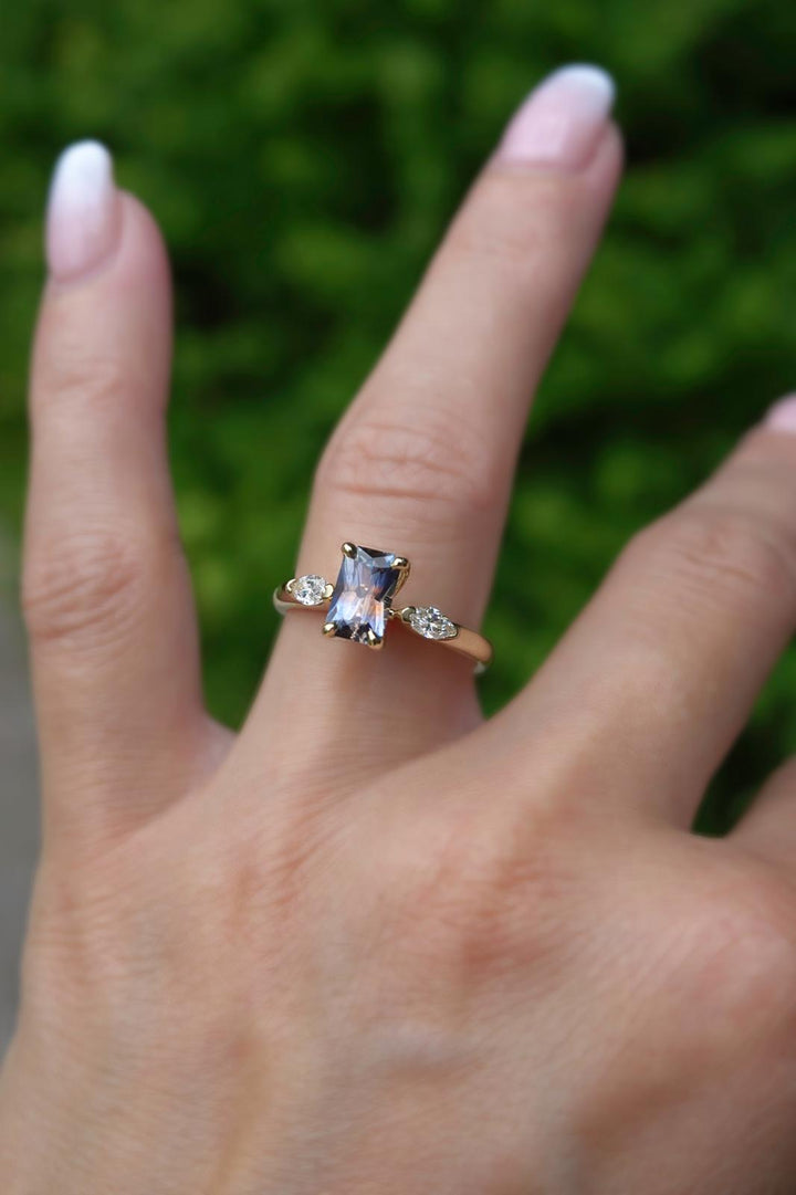 Three-Stone Emerald Cut Parti Color Montana Sapphire Ring w/ Lab-Grown Marquise Diamonds 14K Gold