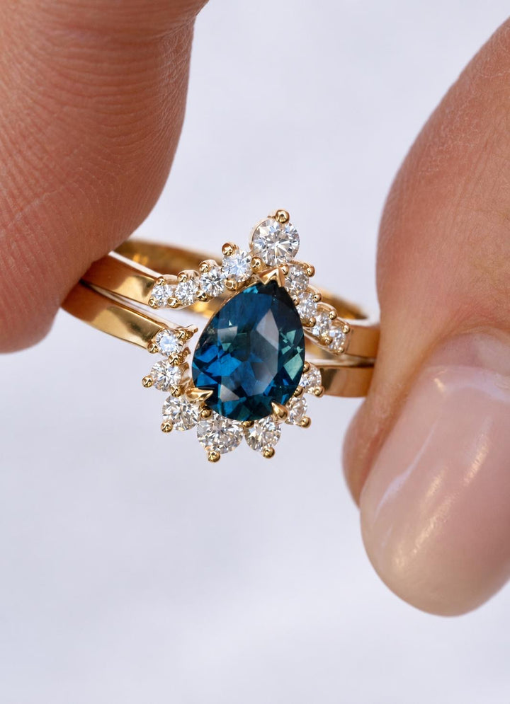 Pear Cut Teal Blue Montana Sapphire Engagement Ring Set with Natural Diamond Wedding Band in 14K Gold