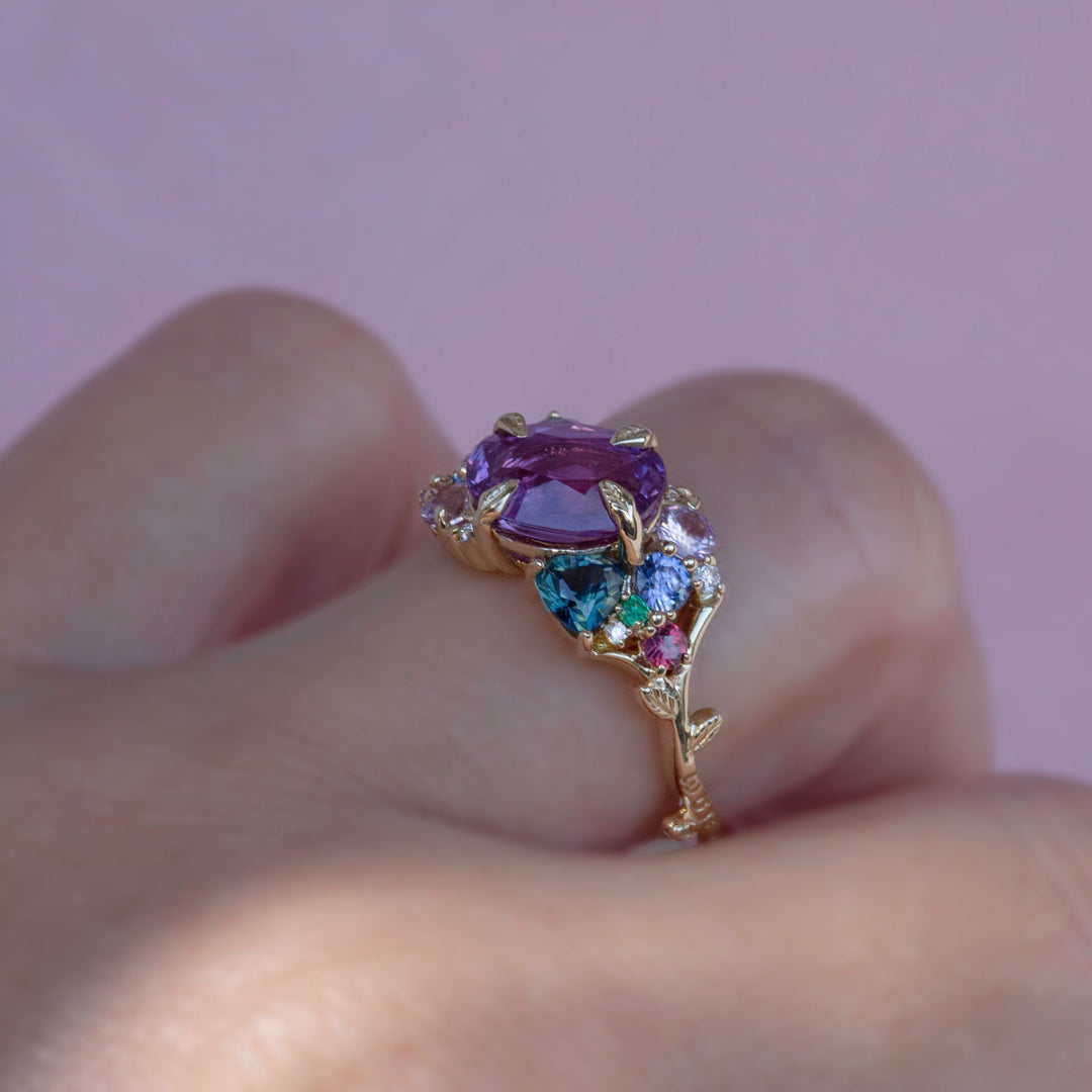 “Tara” Purple Sapphire Cluster Ring 14K Rose Gold,Tsavorite Garnet Ring,Floral Engagement Ring