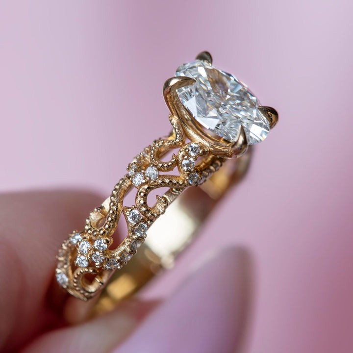 Vintage Inspired Filigree Lab Grown Diamond  Oval Cut Engagement Ring 14K Gold