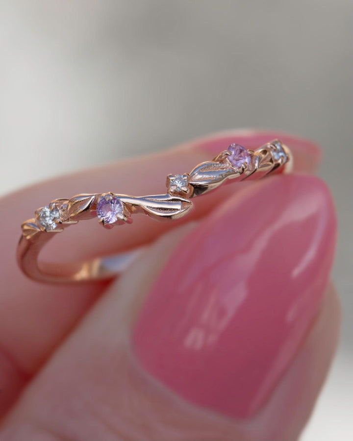 Nature Inspired Leaf Wedding Band w/ Pink Sapphires and Diamonds 14K Gold