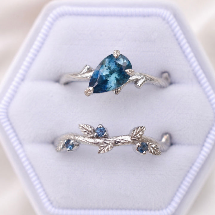 Twig Leaf Engagement Ring Set with Pear Cut Teal Blue Montana Sapphire in 14K Gold
