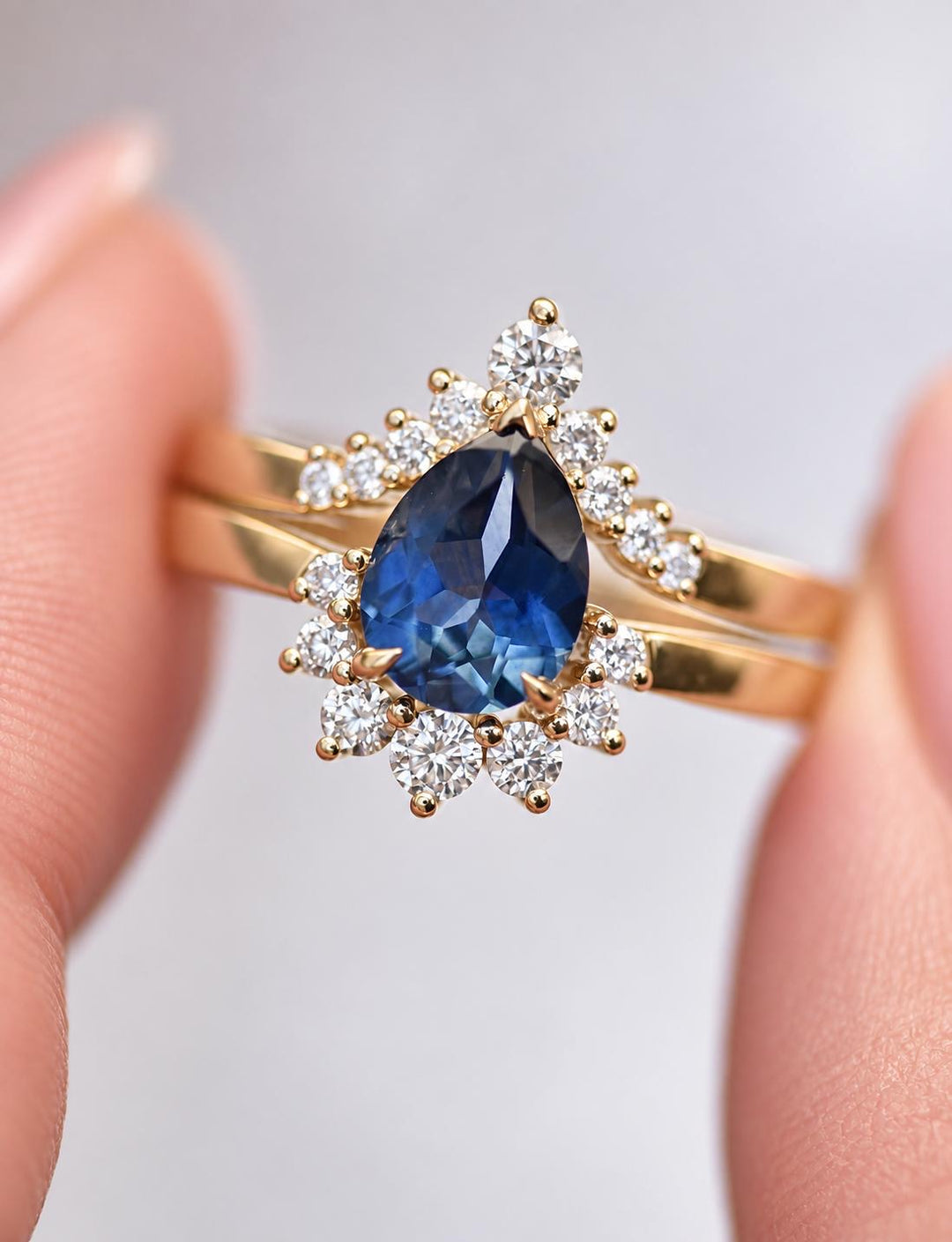 Pear Cut Teal Blue Montana Sapphire Engagement Ring Set with Natural Diamond Wedding Band in 14K Gold
