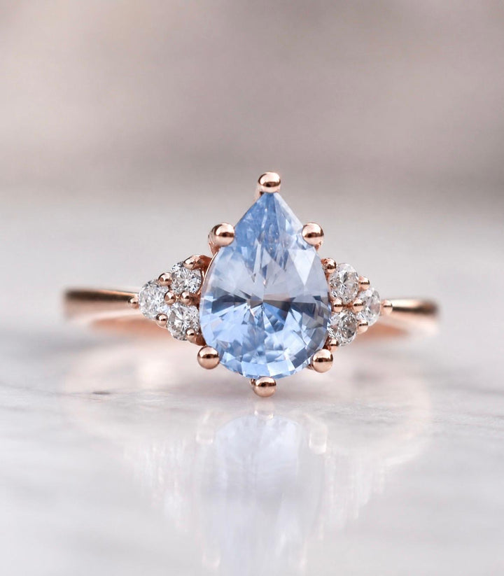 Pastel Blue Pear Cut Sapphire Engagement Ring with Natural Diamonds in 14K Gold