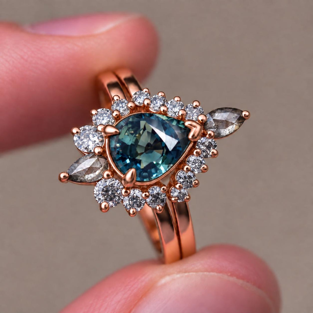 Pear Cut Blue Green Sapphire Engagement Ring Set with Salt and Pepper Diamond Wedding Band in 14K Gold