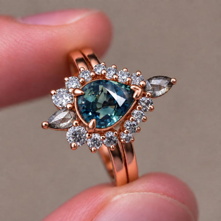Pear Cut Blue Green Sapphire Engagement Ring Set with Salt and Pepper Diamond Wedding Band in 14K Gold