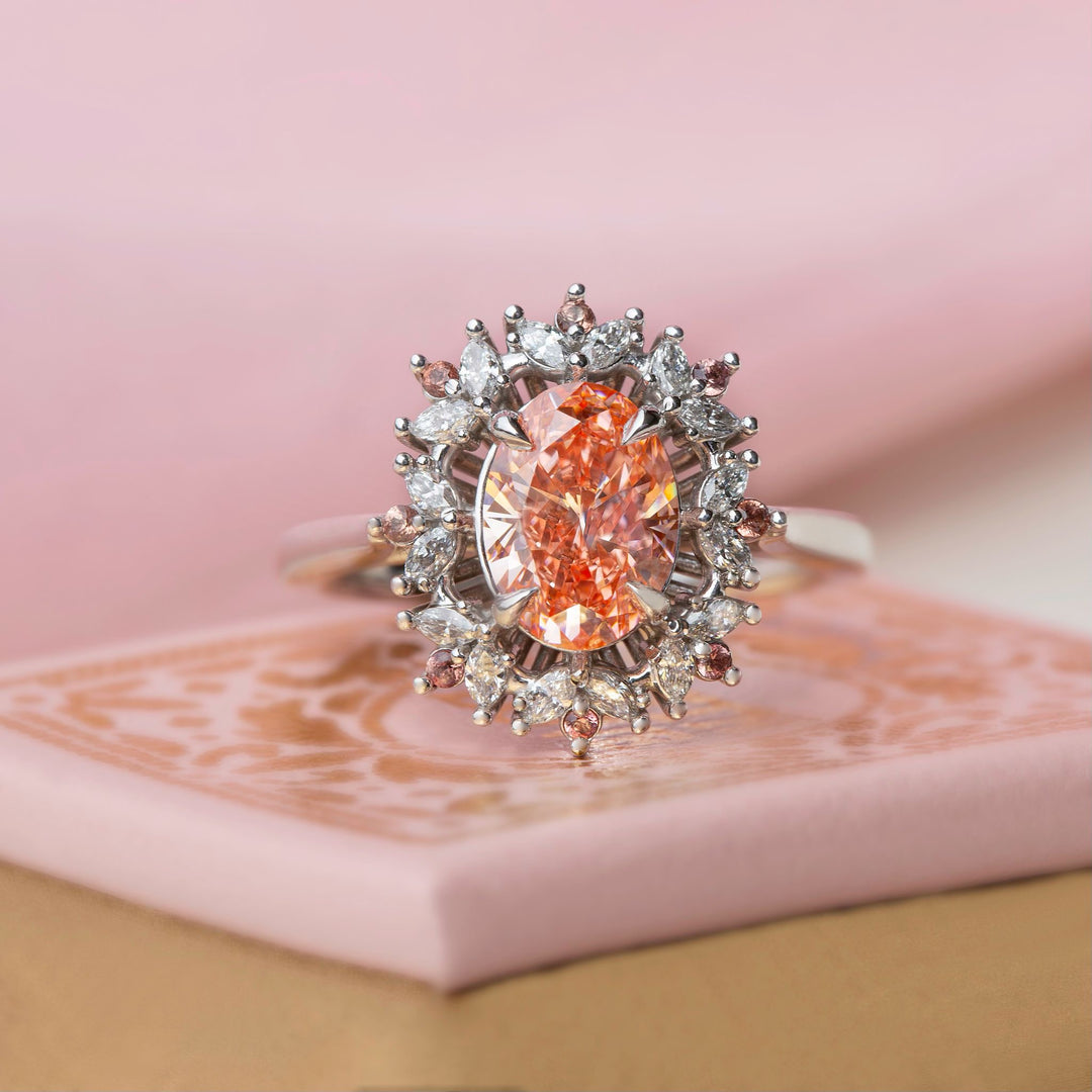 Floral Engagement Ring w/ Oval Pink Diamond and Padparadscha Sapphires 14K Gold