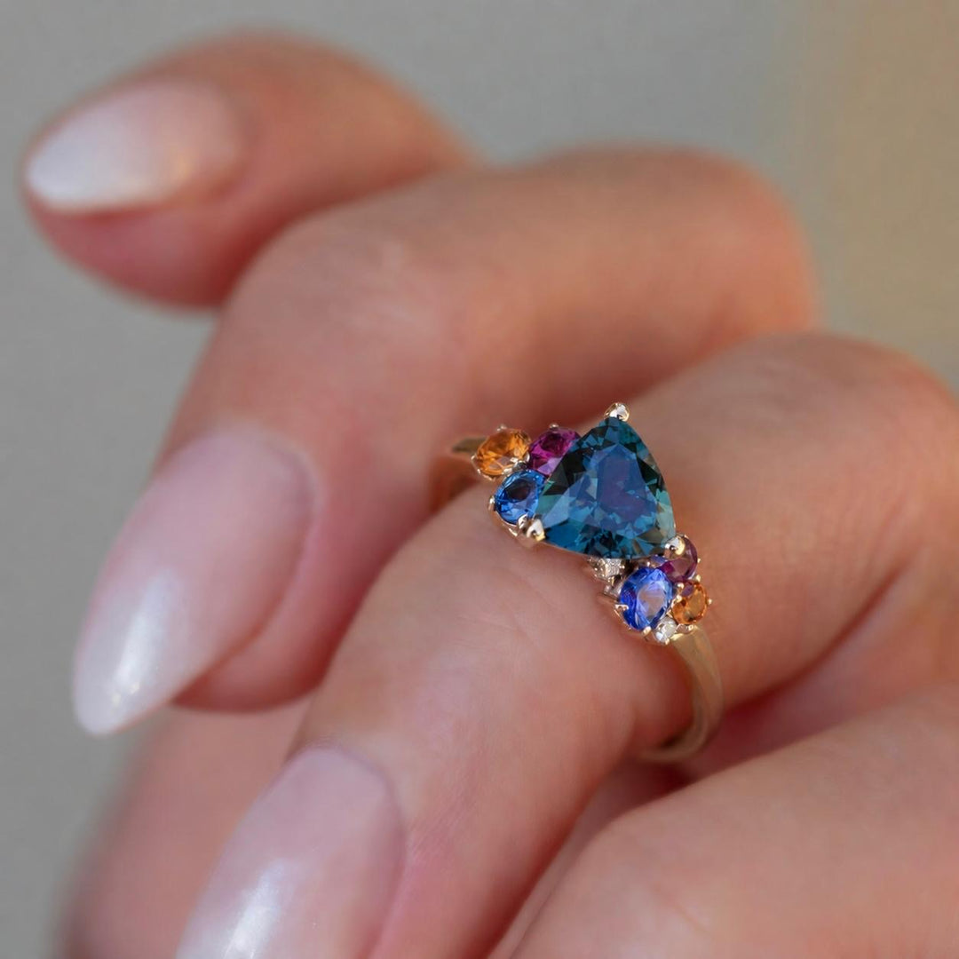 Trillion Teal Sapphire Multi Stone Cluster Engagement Ring in 14K Gold