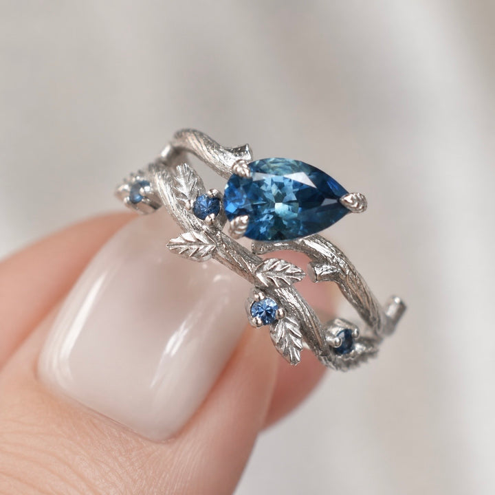 Twig Leaf Engagement Ring Set with Pear Cut Teal Blue Montana Sapphire in 14K Gold