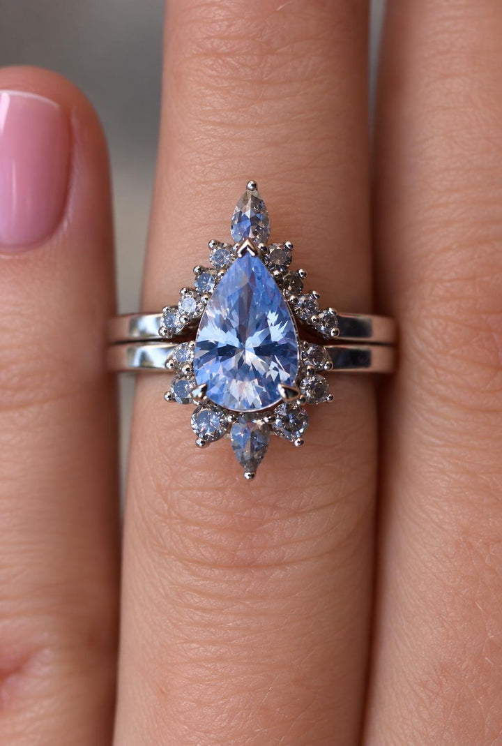 Pear Cut Pastel Blue Sapphire Engagement Ring Set with Salt and Pepper Diamond Wedding Band in 14K Gold