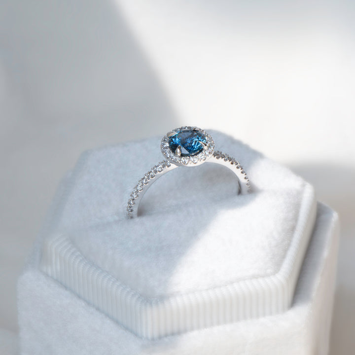 Montana Sapphire Ring With Diamonds, Montana Sapphire Engagement Ring, Montana Sapphire and Diamond Halo Engagement Ring