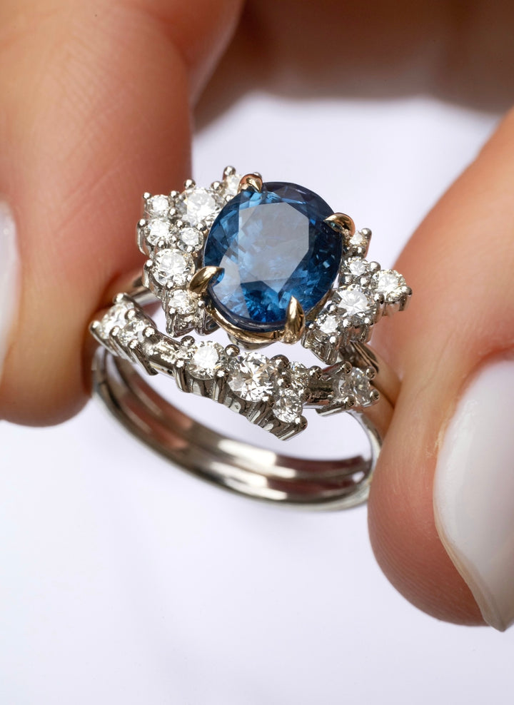 Oval Blue Sapphire Cluster Engagement Ring Set 14K Gold