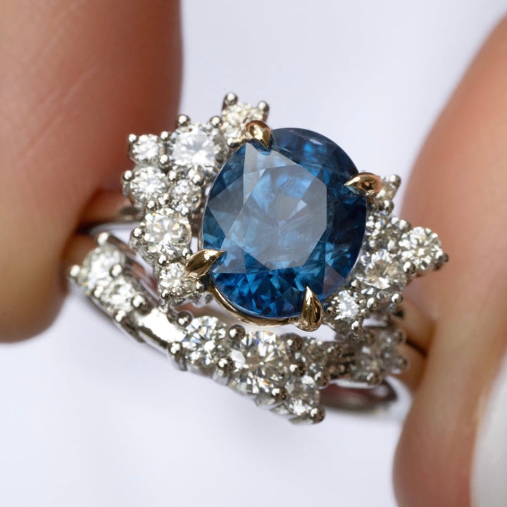 Oval Blue Sapphire Cluster Engagement Ring Set 14K Gold