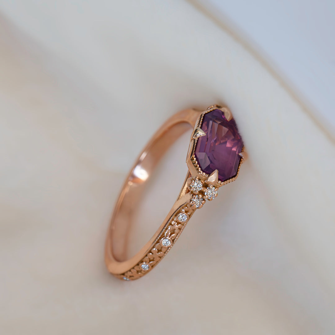 Emerald Cut Opalescent Pink Sapphire Floral Engagement Ring – Hand Carved Nature Inspired Ring 14K Gold