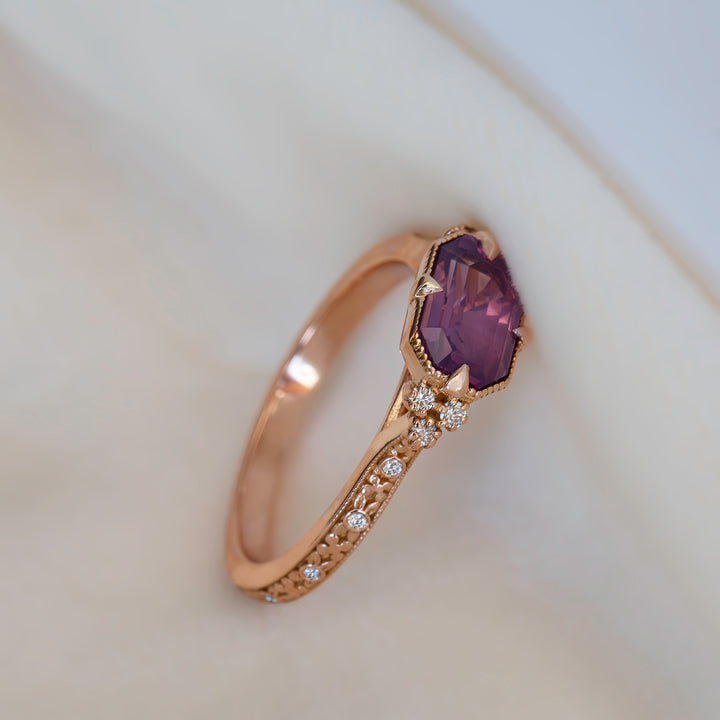 Emerald Cut Opalescent Pink Sapphire Floral Engagement Ring – Hand Carved Nature Inspired Ring 14K Gold