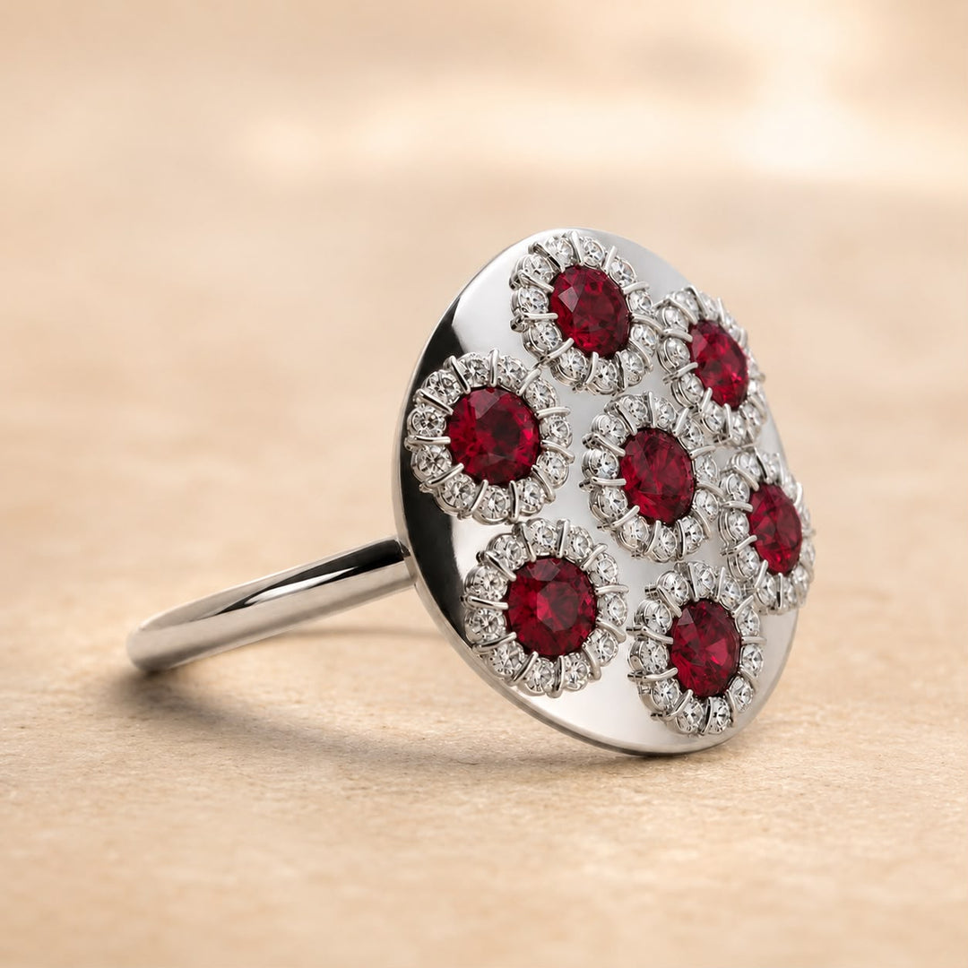 Red Spinel and Diamond Floral Daisy Statement Ring in 14K Gold