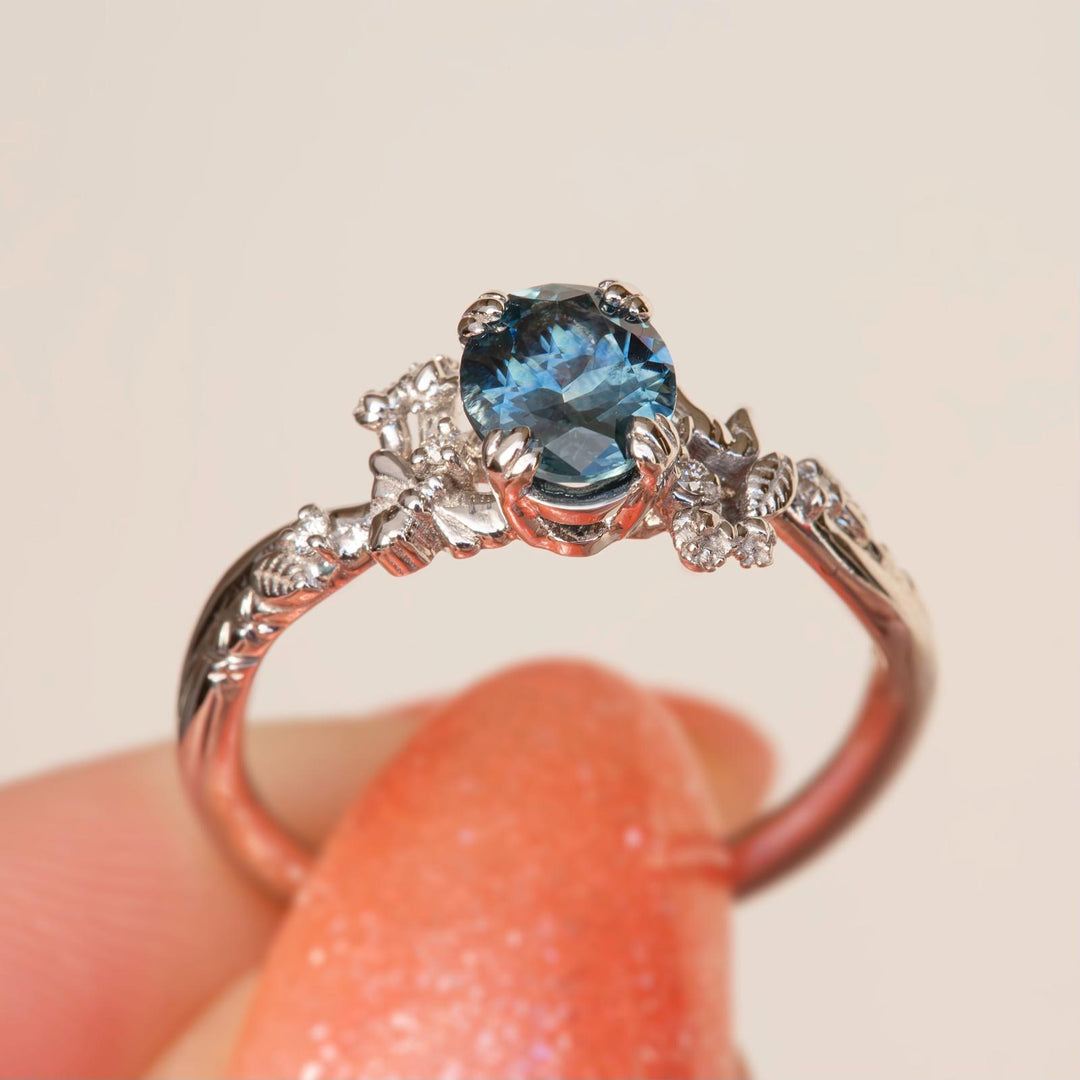 Nature Inspired Bee Fox and Dinosaur Engagement Ring w/ Oval Montana Sapphire 14K Gold
