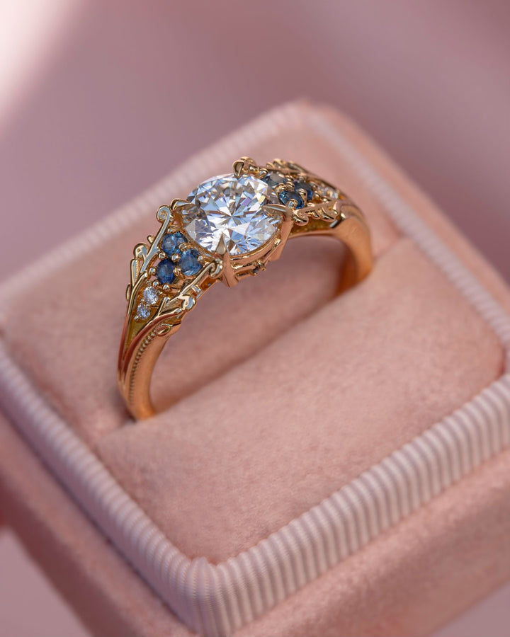 Mira Nature Inspired Diamond Engagement Ring w/ Teal Sapphires 14K Gold