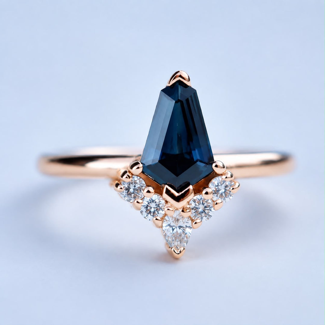 Kite Shape Teal Blue Sapphire Cluster Engagement Ring with Diamond Sunburst in 14K Gold
