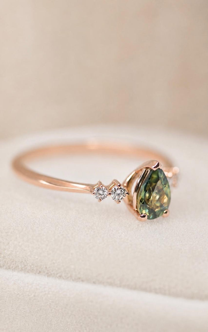 Pear Cut Blue Green Montana Sapphire and Diamond Engagement Ring in 14K Gold