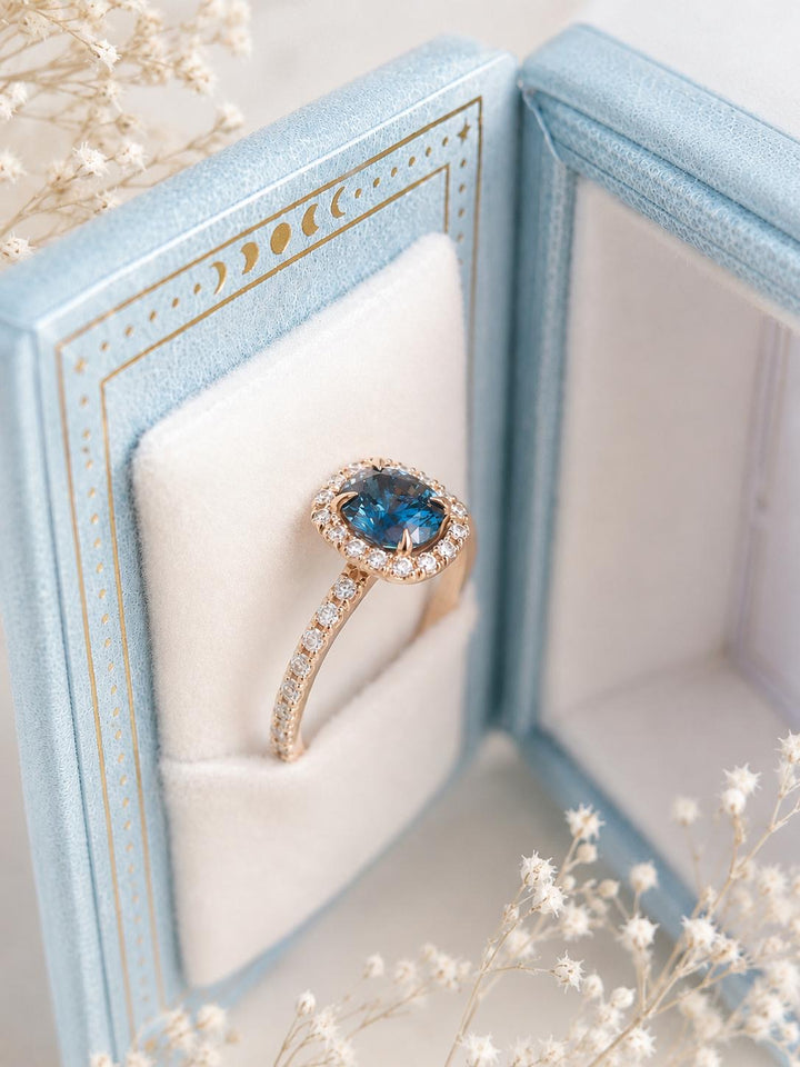 Blue Green Oval Montana Sapphire and Diamond Halo Engagement Ring in 14K Gold