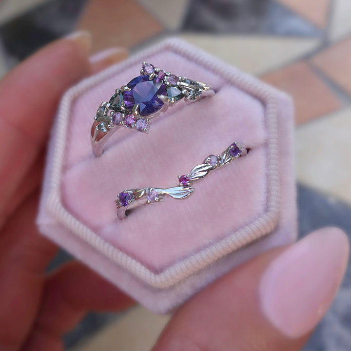 Nature Inspired Alternative Bridal Enchanted Garden Cluster Ring Set w/ Purple Sapphire 14K Gold