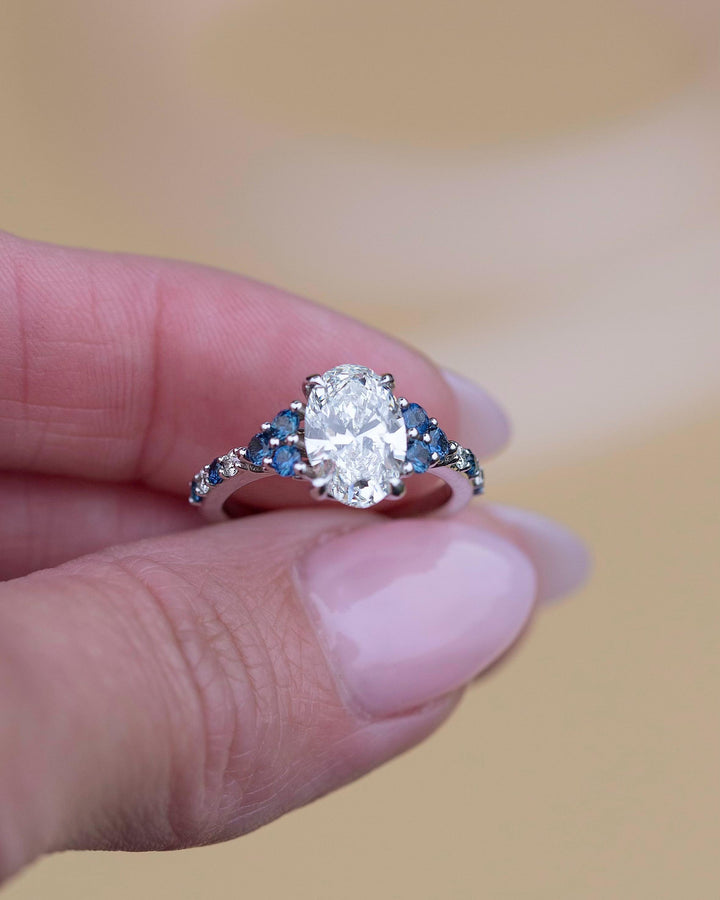 Nature Inspired Oval Diamond Engagement Ring with Teal Sapphires in 14K Gold ,Floral Diamond Ring