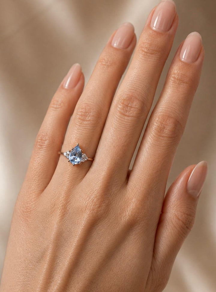 Pastel Blue Pear Cut Sapphire Engagement Ring with Natural Diamonds in 14K Gold