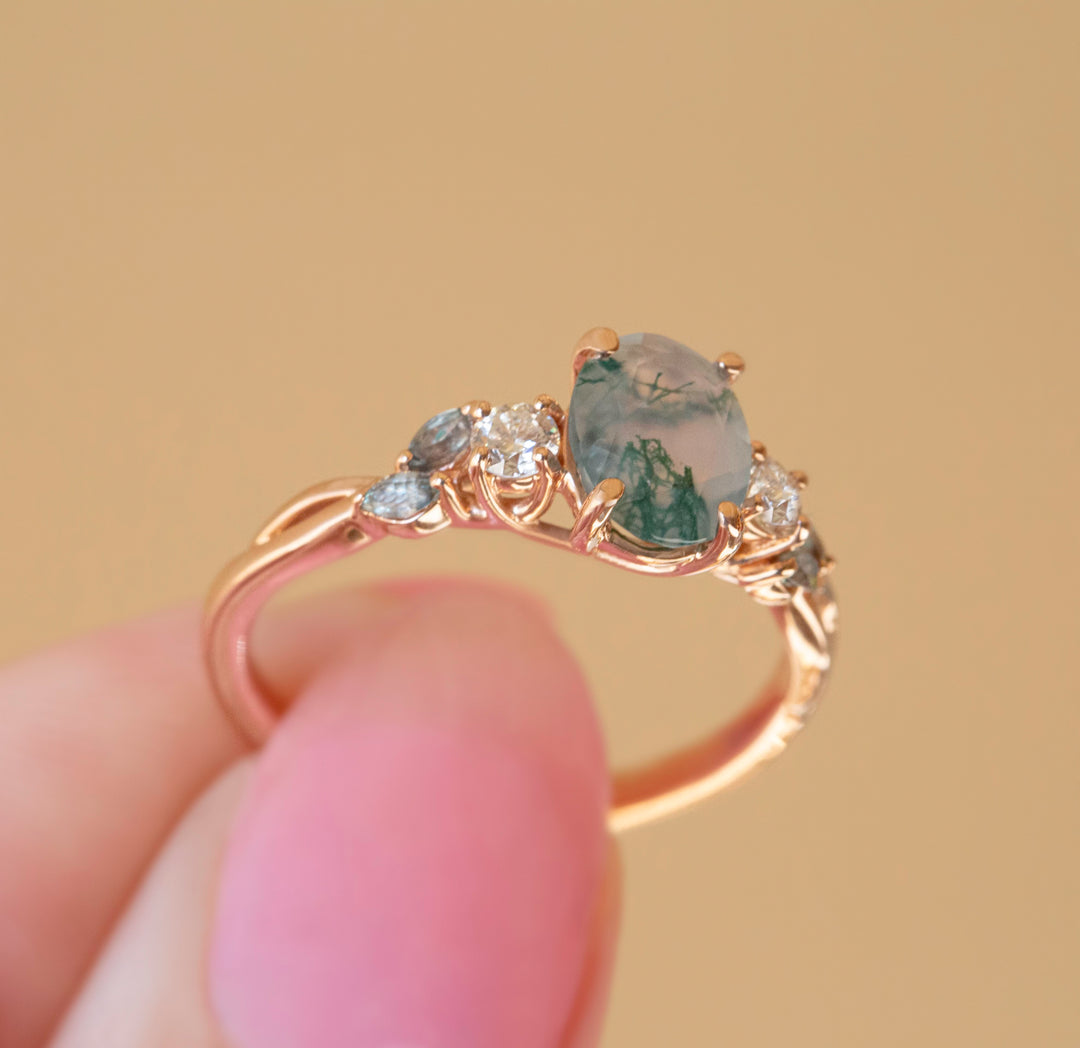 Nature Inspired Moss Agate Engagement Ring w/ Diamonds and Marquise Green Sapphires 14K Gold