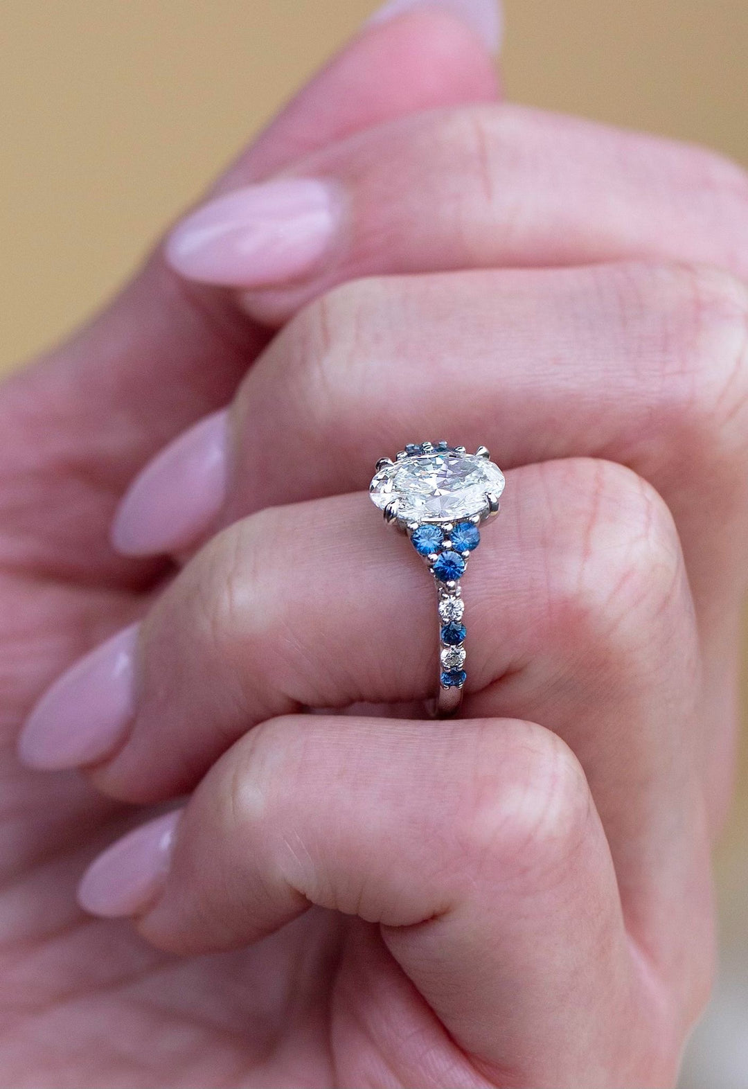 Nature Inspired Oval Diamond Engagement Ring with Teal Sapphires in 14K Gold ,Floral Diamond Ring