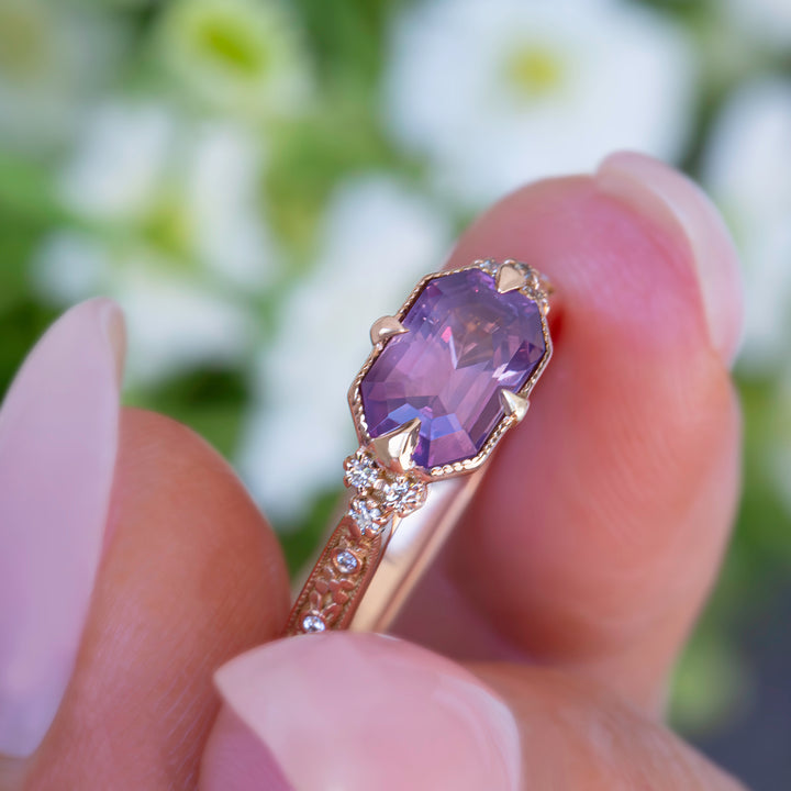 Emerald Cut Opalescent Pink Sapphire Floral Engagement Ring – Hand Carved Nature Inspired Ring 14K Gold