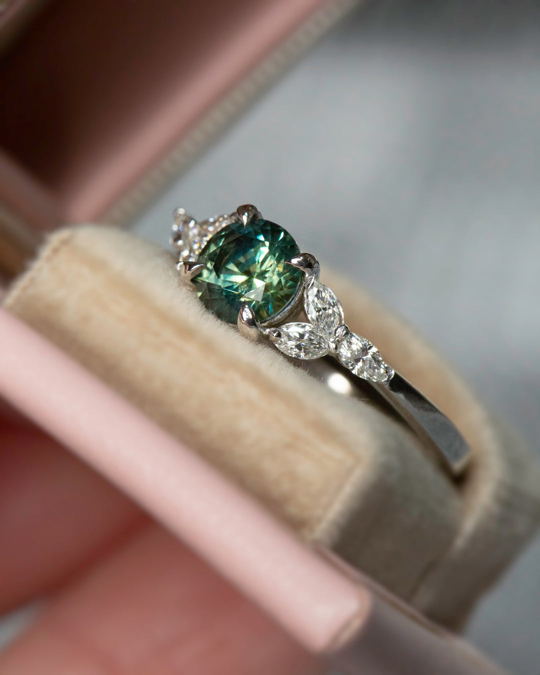 Teal Montana Sapphire Ring with Marquise Diamonds 14K White Gold, Cluster Engagement Ring