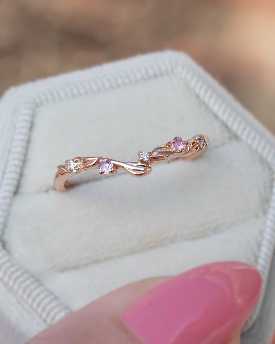 Nature Inspired Leaf Wedding Band w/ Pink Sapphires and Diamonds 14K Gold