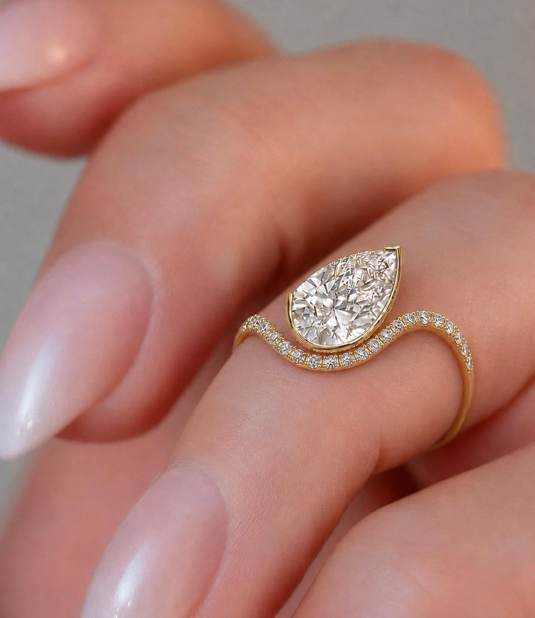 Pear Cut Lab Grown Diamond Engagement Ring in 14K Gold Half Bezel Diamond Ring with Diamond Accents