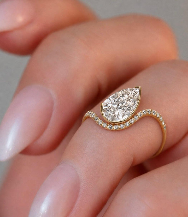 Pear Cut Lab Grown Diamond Engagement Ring in 14K Gold Half Bezel Diamond Ring with Diamond Accents