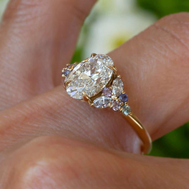 Floral Lab Grown Diamond Engagement Ring with Multicolored Sapphires in 14K Gold Nature Inspired Oval Diamond Ring