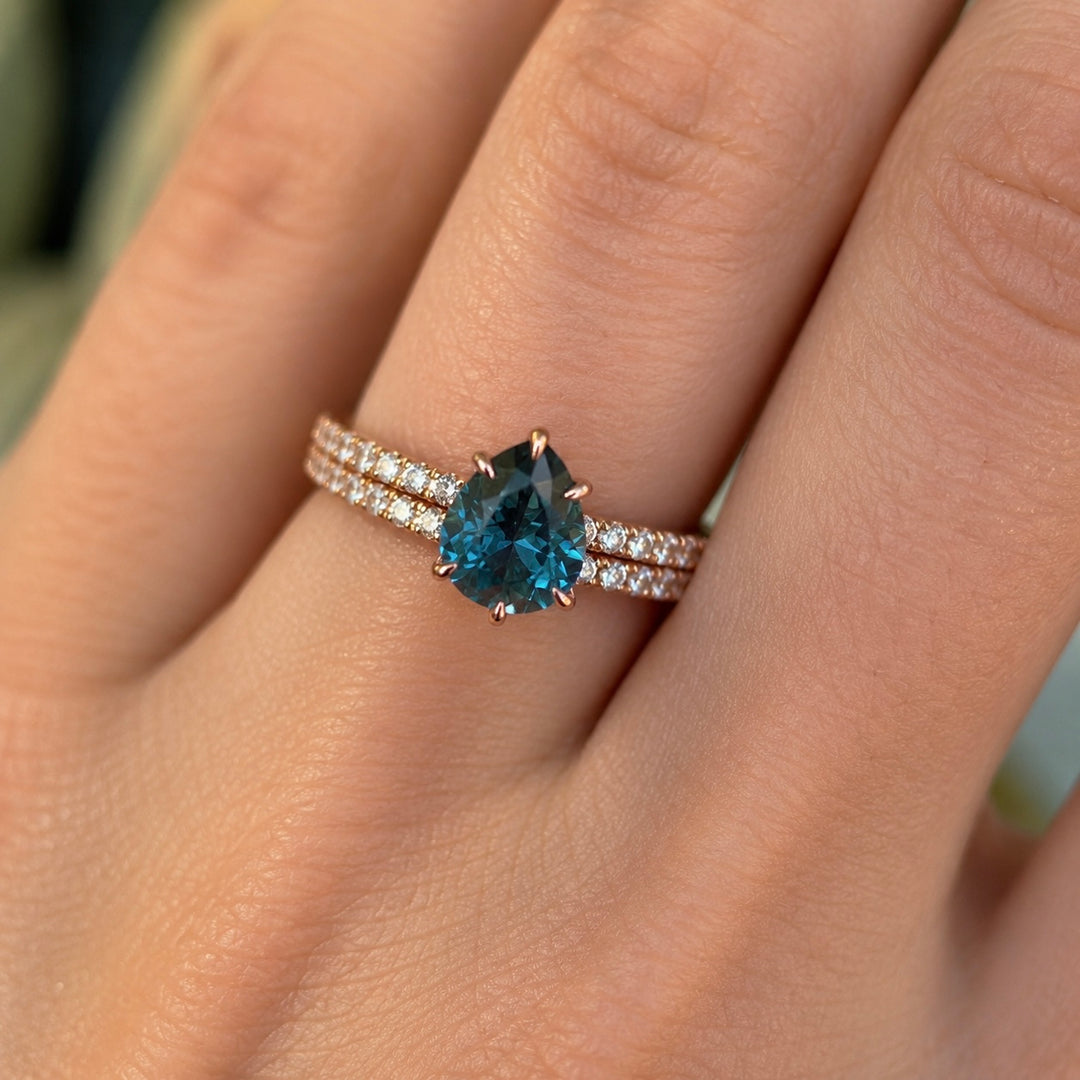 Pear Cut Teal Montana Sapphire Hidden Halo Engagement Ring Set with Matching Diamond Wedding Band in 14K Gold