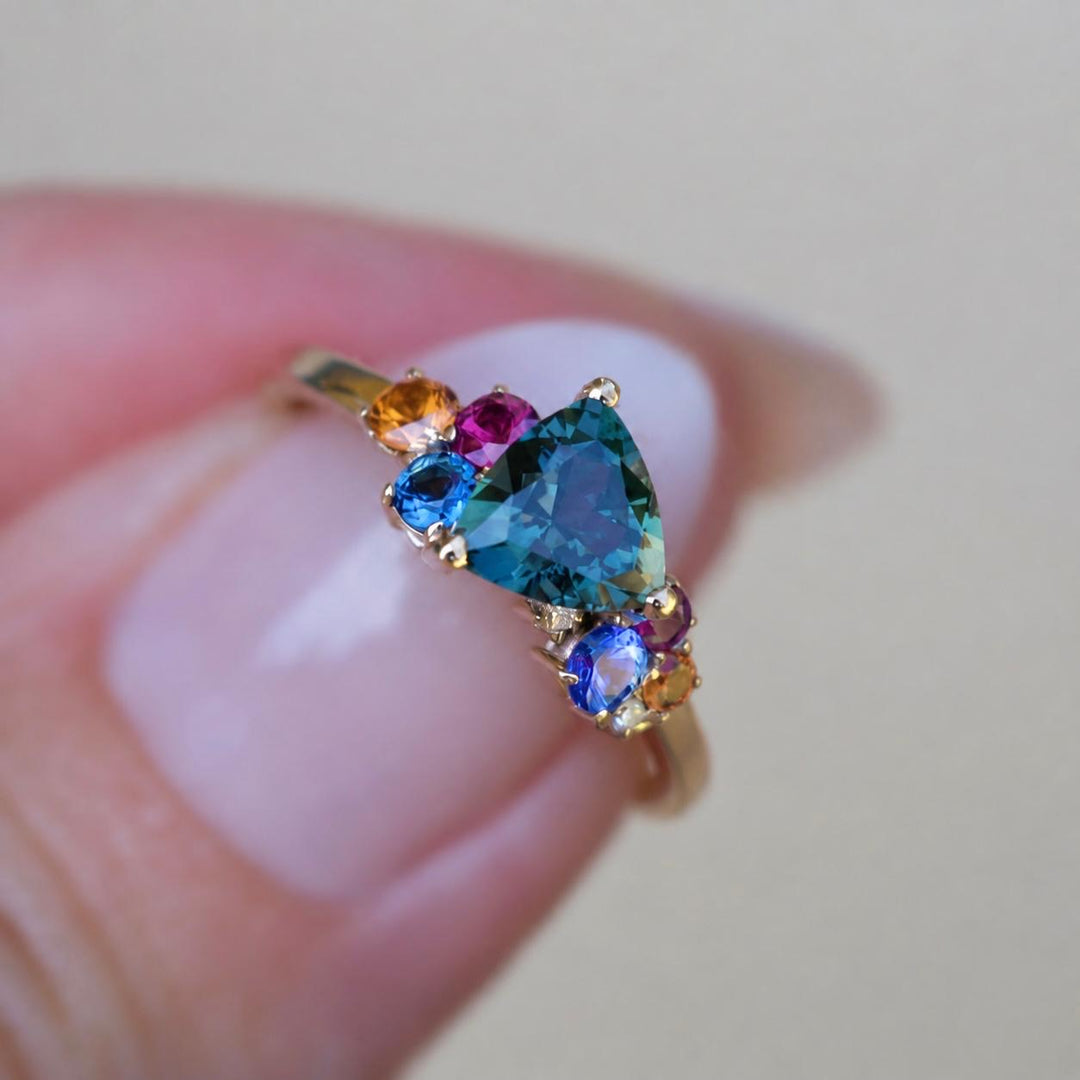 Trillion Teal Sapphire Multi Stone Cluster Engagement Ring in 14K Gold