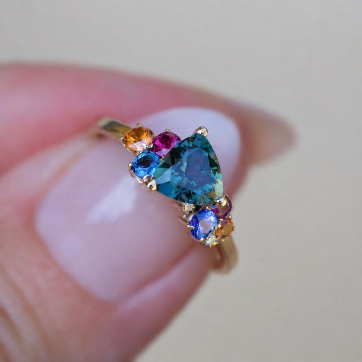 Trillion Teal Sapphire Multi Stone Cluster Engagement Ring in 14K Gold