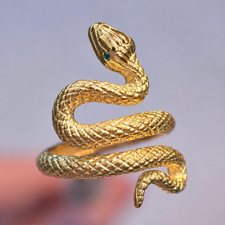 14K Gold Serpent Snake Ring with Natural Emerald Eyes