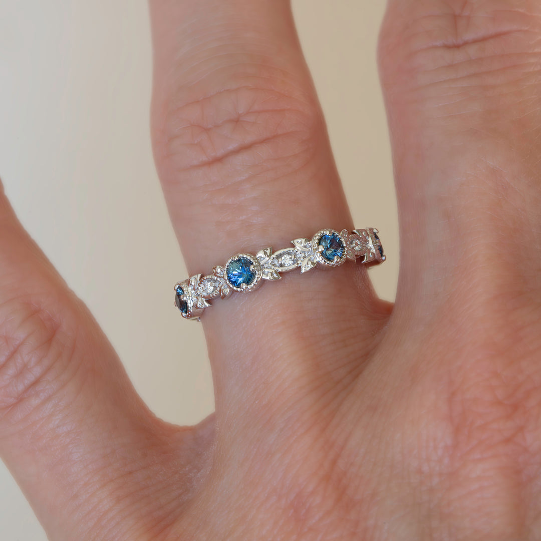 Nature Inspired Montana Sapphire Wedding Band – Teal Blue Sapphire and Diamond Leaf Ring in 14K Gold