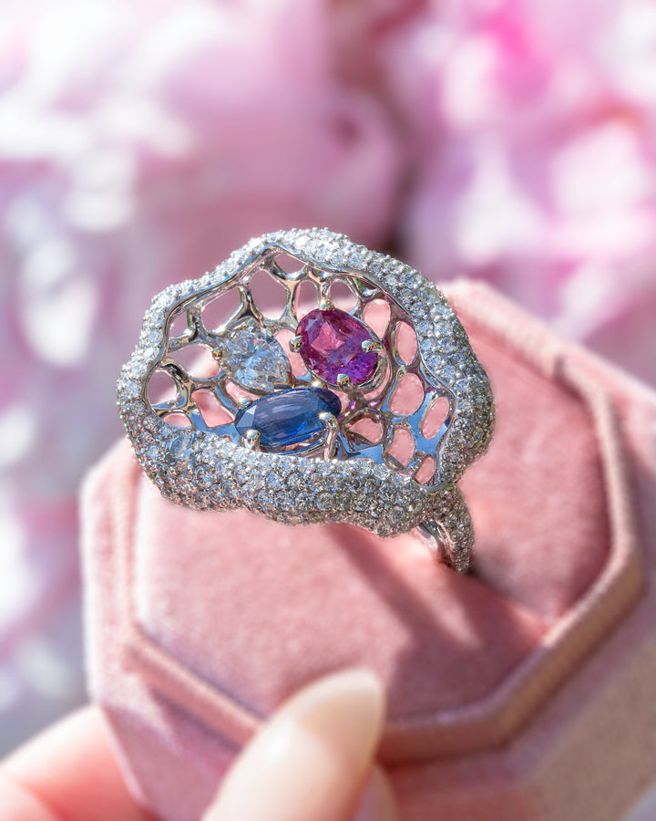 Fancy Sapphire and Diamond Cocktail Ring with Blue Sapphire,Pink Sapphire in 14K White Gold